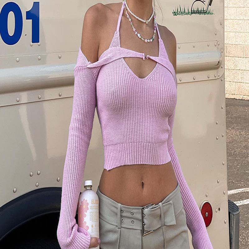 Fabrică personalizată 2023 vară roz roz v gâtneregulat gât cu mâneci lungi de modă sexy moda scurtă tricotată pentru femei \\\\